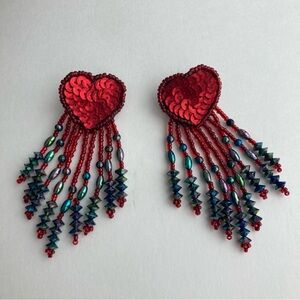 Vibrant Red Heart Sequin Dangle Earrings Valentine Outfit Eye-catching